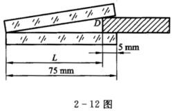 2—12图给出了测量铝箔厚度D的干涉装置结构。两块薄玻璃板尺寸为75 mm×25 mm。在钠黄光（λ