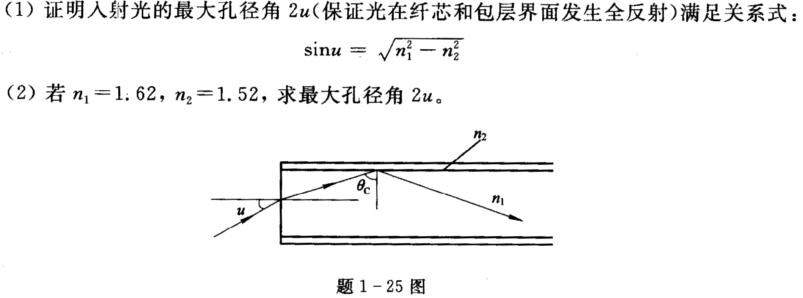 题1－25图所示的一根圆柱形光纤，纤芯折射率为n1，包层折射率为n2，且n1＞n2。题1-25图所示