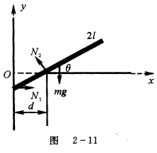 长为2l匀质细杆，一端抵在光滑墙上，而杆身则如图2—11所示斜靠在与墙相距为d（d＜l)的光滑棱角上