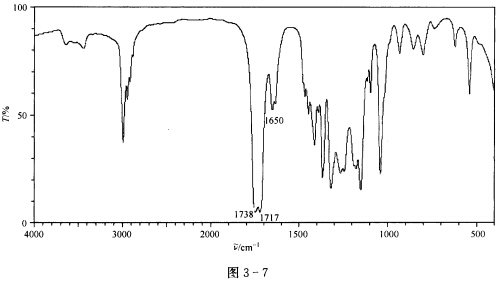 图3—7是乙酰乙酸乙酯的IR谱图，在1738cm－1、1717cm－1、1650cm－1出现了三个羰