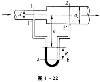 为测量直径由d1=40 mm到d2=80 mm的突然扩大的局部阻力系数，在扩大两侧装一U形管压差计，
