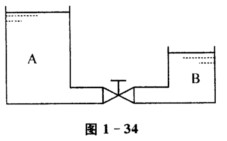 如图1—34所示，两敞口贮槽的底部在同一水平面上，其间由一内径为75 mm，长为200 m的水平管和