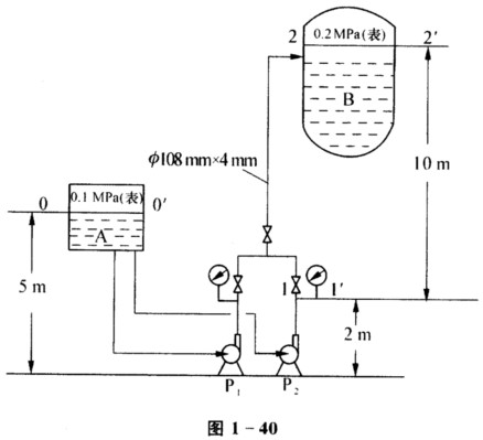 如图1－40所示，用离心泵P1将水由A处送至罐B内，已知泵P1的特性曲线方程为H=40－0．008q
