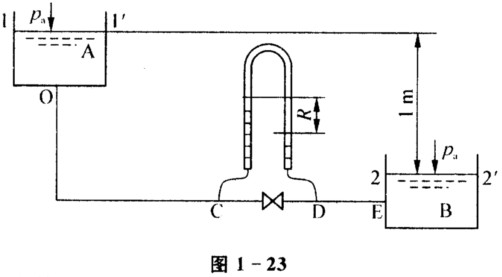 如图1—23所示输送管路将高位槽中液体（ρ=900 kg／m3、μ=30 cP)输送到低位贮槽中，两