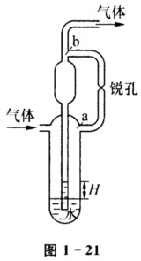 图1—21所示为一测量气体的装置，在操作条件下，气体的密度为0．5 kg／m3，黏度为0．02 mP