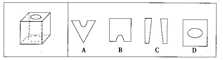 左边的立体图形是立方体中挖出一个圆锥台孔后形成的，如果从任一面剖开，以下哪个不可能是该立体图形的截面