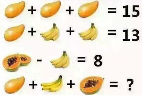三个芒果等于15数学题。（芒果＋芒果＋芒果=15)（芒果＋香蕉＋香蕉=13)（木瓜－香蕉=8)三个芒