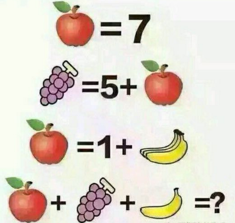 苹果等于7 葡萄等于5＋苹果 苹果等于1＋香蕉 苹果＋葡萄＋香蕉等于多少？苹果等于7 葡萄等于5+苹