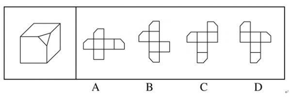 左边给定的是削掉一个角的纸盒，下列哪一项不是有它展开而成？A.B.C.D.左边给定的是削掉一个角的纸