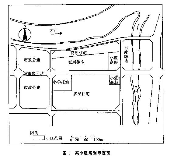 试题一（共15分)某开发商拟在滨江规划建设一居住小区，用地规模约12hm2，提出了一个用地功能的布局