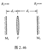 如图2．46所示，谐振腔由两块平面反射镜和一个会聚透镜组成。 问：（1)腔的稳定性条件是什么？用d1