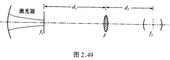 考虑模式匹配的问题，图2．49中激光器（左边腔)发出的高斯光束经过与其右镜的距离为d1的透镜后入射考
