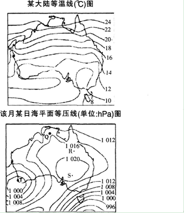 读“某大陆等温线（℃）图”和“该月某日海平面等压线（单位：hPa）图”，完成第题。 图中所读“某大陆