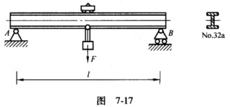 如图7—17所示，桥式起重机的最大起吊载荷F=20kN。起重机大梁为No．32a工字钢，材料的弹性模
