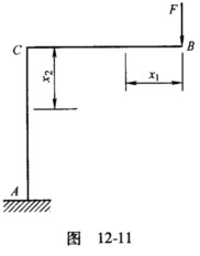 如图12－11所示刚架，已知AC段与CB段杆的长度均为l，抗弯刚度均为EI，试计算刚架的应变能以及B