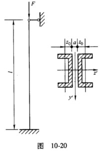 如图10－20所示，立柱长l=6m，由两根No．10槽钢组成，立柱顶部为球形铰支，根部为固定端。已知