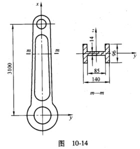 蒸汽机车的连杆如图10－14所示，截面为工字形，材料为Q235钢。连杆所受最大轴向压力为465kN。