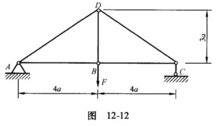 如图12－12所示简单桁架，已知各杆的拉压刚度均为EA，试用卡式定理桁架D结点的竖直位移。如图12-