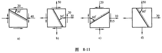 已知应力状态如图8－11所示（图中应力单位为MPa)，用图解法计算图中指定截面的正应力与切应力。已知