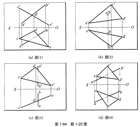 如图1－64所示的四种情况（1)、（2)、（3)、（4)，分别求直线AB与平面三角形CDE的交点，并