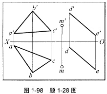 如图1－98所示，过点M作直线MN平行于平面三角形ABC，且与直线DE交于点N。如图1-98所示，过