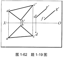 如图1—62所示，已知三角形ABC平行于直线EF、DG，求作平面DE∥FG的水平投影。 请帮忙给出正
