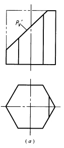 求作正垂面P截切正六棱柱后的三面投影（图（a))。求作正垂面P截切正六棱柱后的三面投影(图(a))。