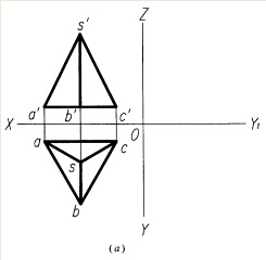 已知三棱锥的两面投影，如图（a)所示。试判断该棱锥上的棱线SA、SB、SC、AB、AC、BC的空间位