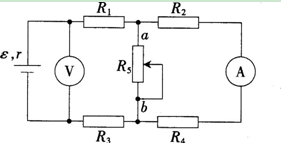 在如图所示的电路中，R1、R2、R3和R4皆为定值电阻，R5为可变电阻，电源的电动势为占，内阻为r。