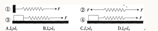 如图所示，四个完全相同的弹簧都处于水平位置，它们的右端受到大小皆为F的拉力作用，而左端的情况各不相同