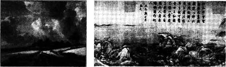下图是《麦田》（雷斯达尔——荷兰）和《千里江山图》局部（王希孟——北宋）。对比两幅绘画作品的表现手法