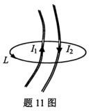 如图，一回路L包围了两条载流无限长导线，导线上的电流强度分别为Il和I2，则沿回路L的磁感应强度B的