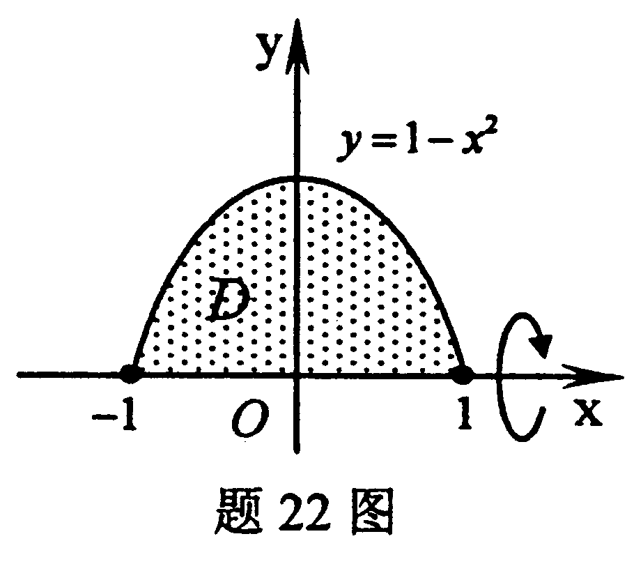 设D是由抛物线y=1－x2与x轴所围成的平面区域，如图所示.求： （1)D的面积A； （2)D绕x轴