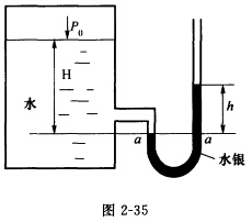（天津大学2002年考研试题)如图2—35所示，密闭容器中盛有水，并装有一U形水银测压计，今测得h=