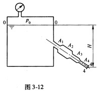 如图3－12所示，水从密闭容器中恒定流出，经一变截面管而流入大气中，已知H=7m，p0=29．4kP