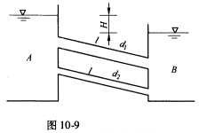 如图10－9所示，应用长度为l的两根管道，从水池A向水池B输水，其中粗管直径为细管直径的两倍，即d1