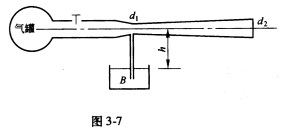 如图3－7所示，一压缩空气罐与文丘里式引射管连接，d1、d2，h均为已知，问气罐压强Po多大方能将B