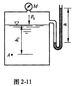 封闭容器（见图2－11)水面的绝对压强P0=107．7kPa，当地大气压强Pa=98．07kPa。 