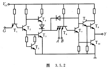 图3．5．2所示为一个三态逻辑TTL电路，这个电路除了输出高电平、低电平信号外，还有第三个状态——禁
