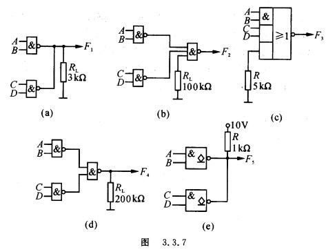 用图3．3．7的（a)～（e)所示电路分别实现下列逻辑关系： 电路均由TTL组成，设Ron=2 kΩ
