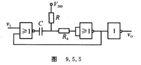 图9．5．5为CMOS或非门构成的单稳态电路，试分析其工作原理，求输出脉冲宽度的公式。 请帮忙给出正