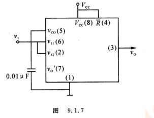 用555定时器接成的施密特触发器电路如图9．1．7所示，试问： （1)当VCC=12 V而且没有外接