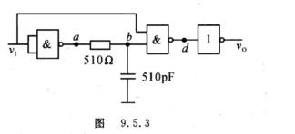 图9．5．3所示为TTL与非门构成的积分型单稳态电路，若输入vI为宽度20μs的脉冲，画出a，b，d