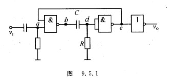 图9．5．1所示为TTL与非门构成的微分型单稳态电路，试画出在输入信号vI作用下，a，b，d，e，v