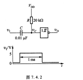 有施密特特性的CMOS反相器构成的电路及输入信号如图7．4．2所示，已知反相器电源电压VDD=5 V