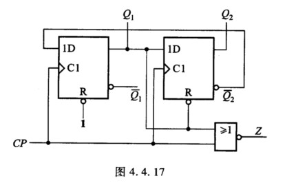 D触发器组成的电路如图4．4．17所示，其初态均为0。 （1)画出在连续7个时钟脉冲CP作用下，输出