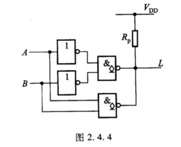 图2．4．4所示为OD门构成的电路。 （1)写出输出端的逻辑表达式； （2)当A、B都为高电平或者都