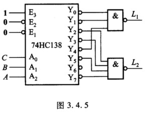 由译码器74HCl38和逻辑门组成的电路如图3．4．5所示，试写出输出L1和L2的简化逻辑表达式。 