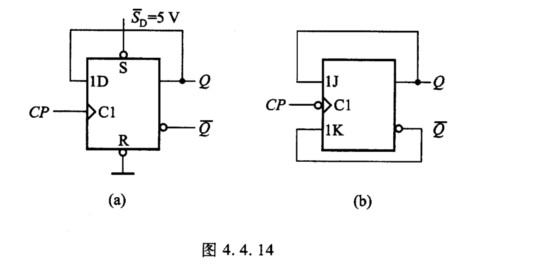 电路如图4．4．14（a)、（b)所示，要求图中两个触发器均处于计数状态，请分析两电路是否可以达到此