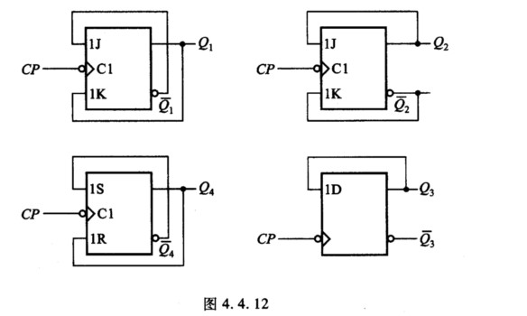 电路如图4.4.12（a)所示，设触发器初态为0，试画出在CP信号连续作用下各触发器输出端的电压波形